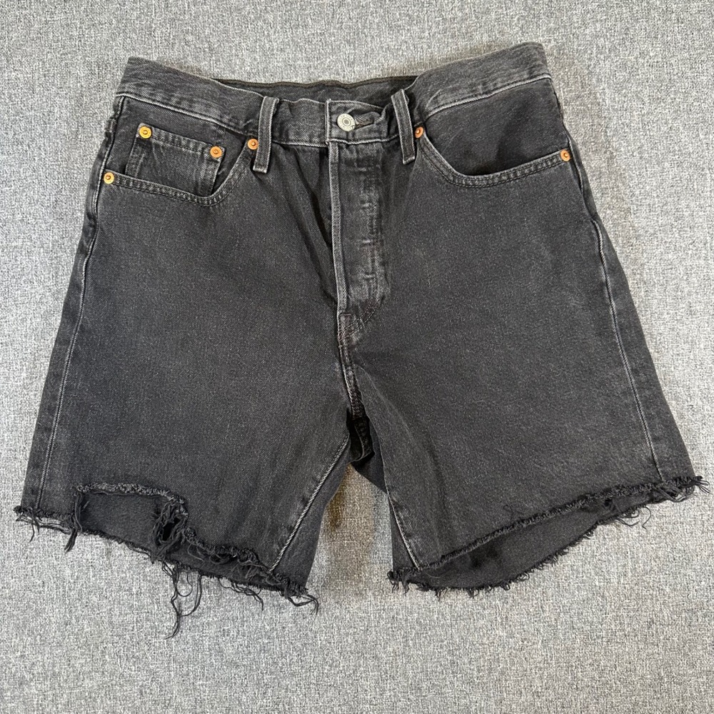 Levis 501 Original Button Fly Denim Cut Off Shorts Black W28 High Rise Raw Hem